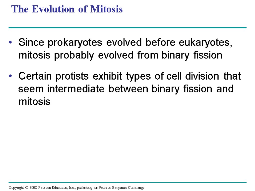 The Evolution of Mitosis Since prokaryotes evolved before eukaryotes, mitosis probably evolved from binary